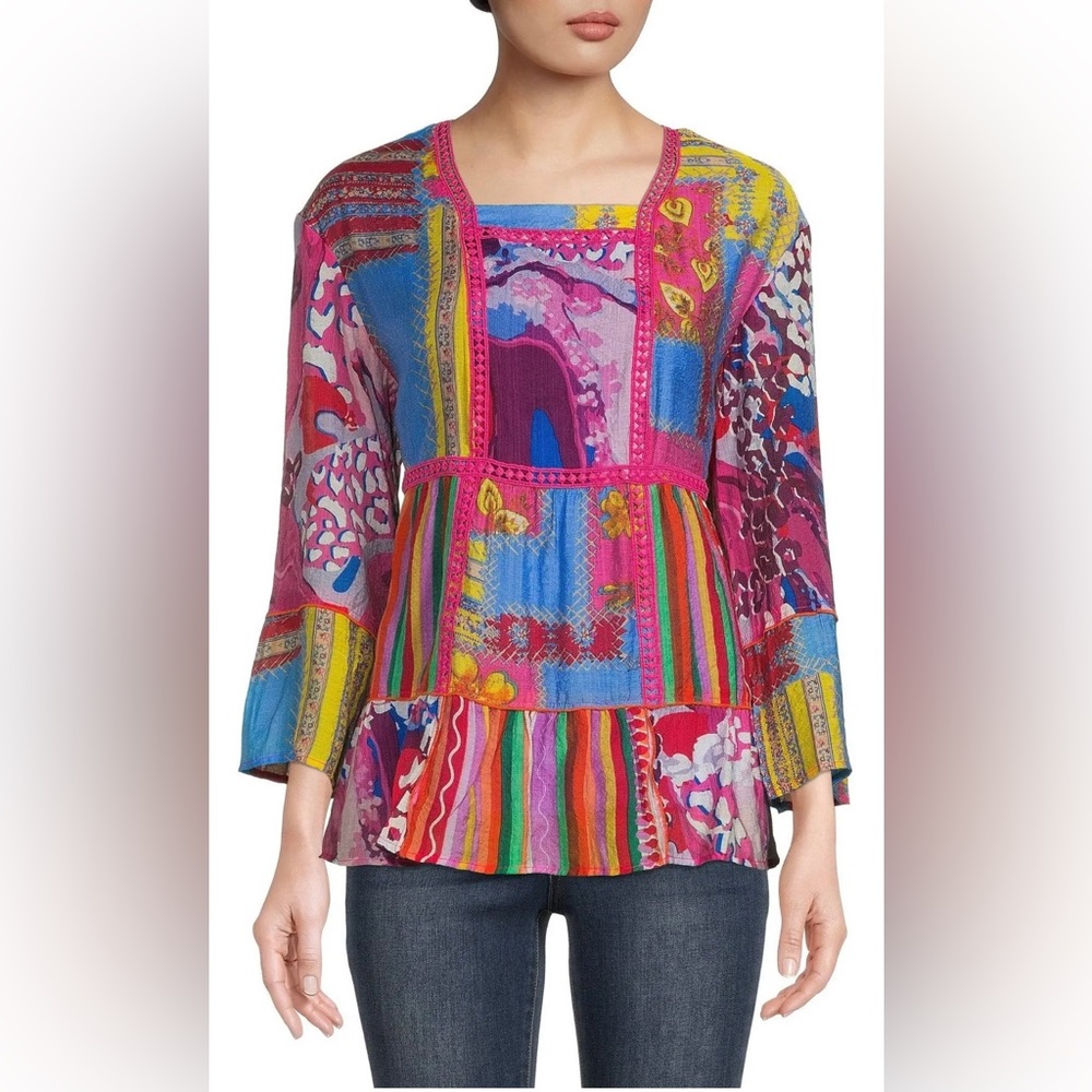 NWT Calessa Knit Fiesta Patchwork Print Square Neck 3/4 Bell Cuff Sleeve…